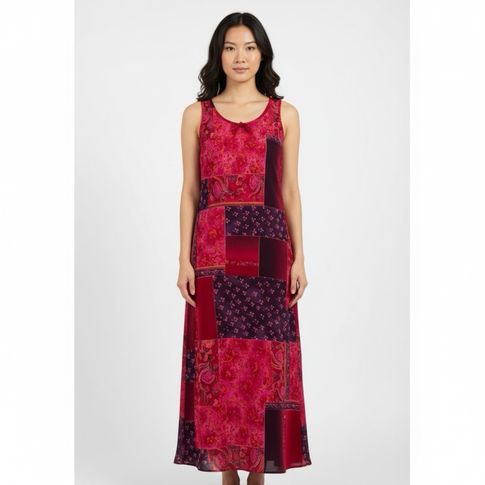 TRISTAN & ISEUT Vibrant Patchwork Print Sleeveless Maxi‎ Dress in Red & Purple